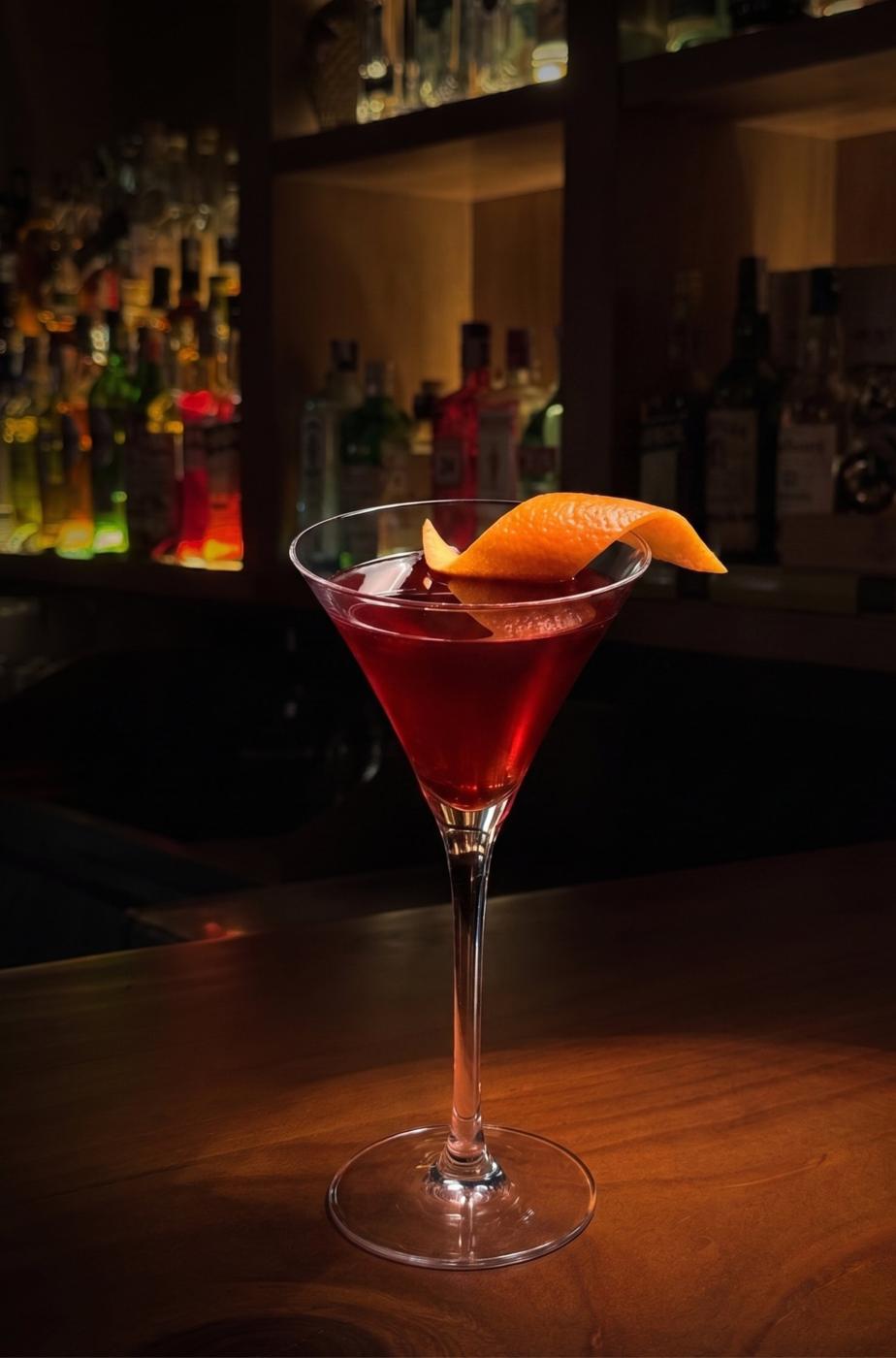 Red cocktail with an orange peel at the bar